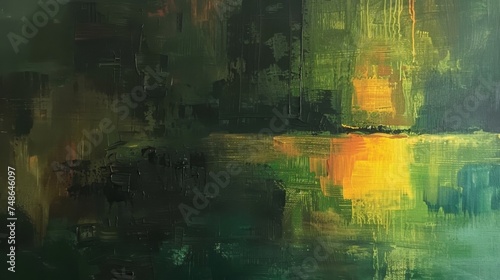 Abstract oil painting, Dark reflection, green and yellow mystery. Painting in the interior, a modern poster. 