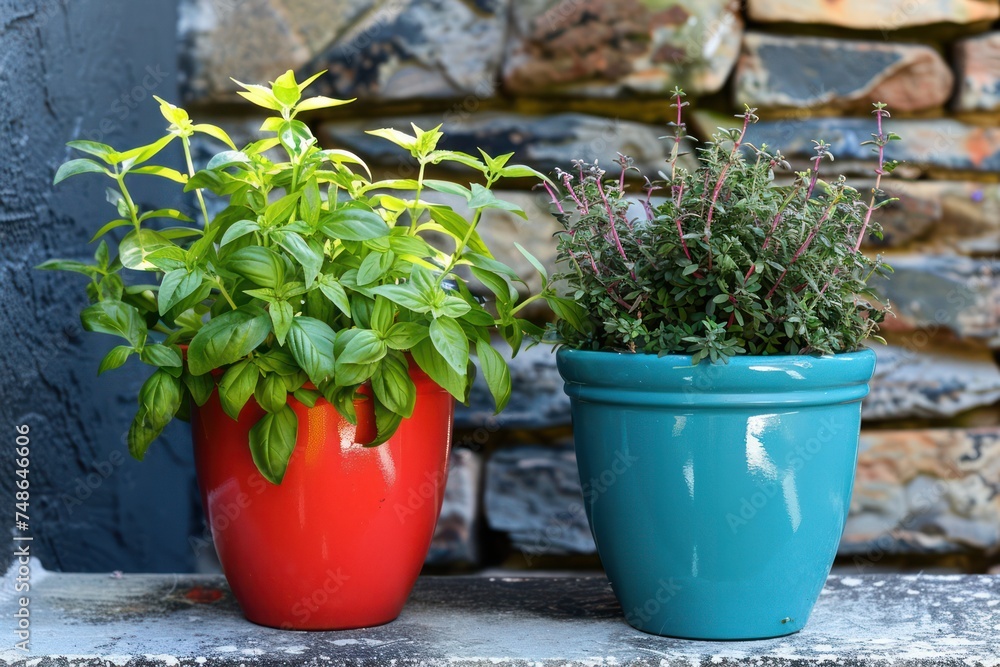 Thyme and basil plants 