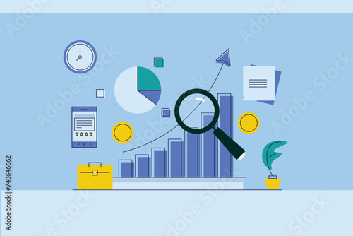 Business growth analysis, big data, data driven business, financial and marketing decision, market research, business reporting data visualization in office premises, vector illustration background
