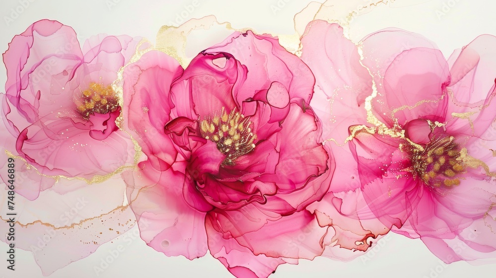 Fototapeta premium Pink peonies, delicate pink color, gold outline. Watercolor, liquid art, marble. Contemporary art. Alcohol ink.