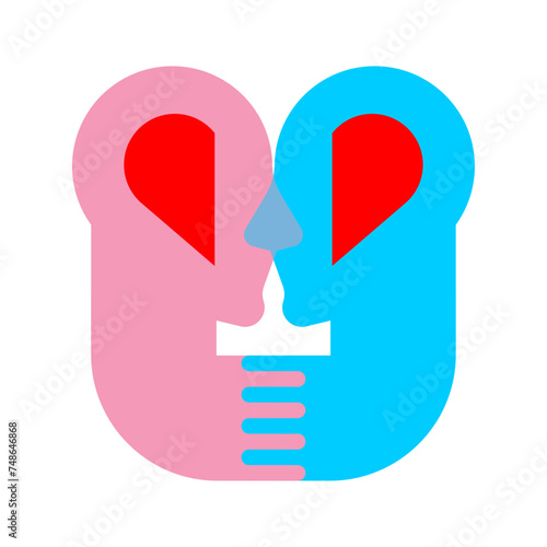 Heart in two heads. Lovers concept icon. Love sign