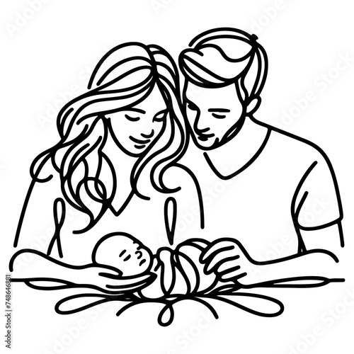 Continuous one black line art drawing parents with newborn baby doodles outline style vector illustration on white background