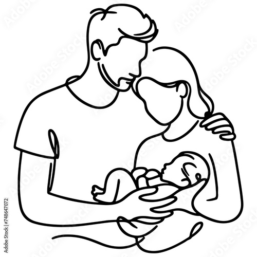 Continuous one black line art drawing parents with newborn baby doodles outline style vector illustration on white background