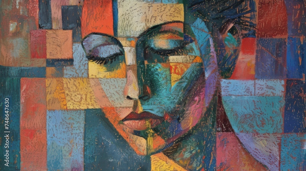 Fototapeta premium Portrait of a woman with her eyes closed, a beautiful sweet girl. Abstract oil painting in pastel. Interior painting. Contemporary art.