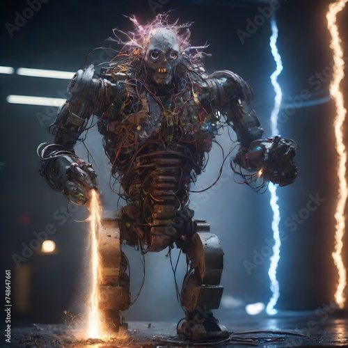 A biomechanical creature with a brain-like head stands against a backdrop of electric surges  evoking a sense of futuristic evolution. AI generation