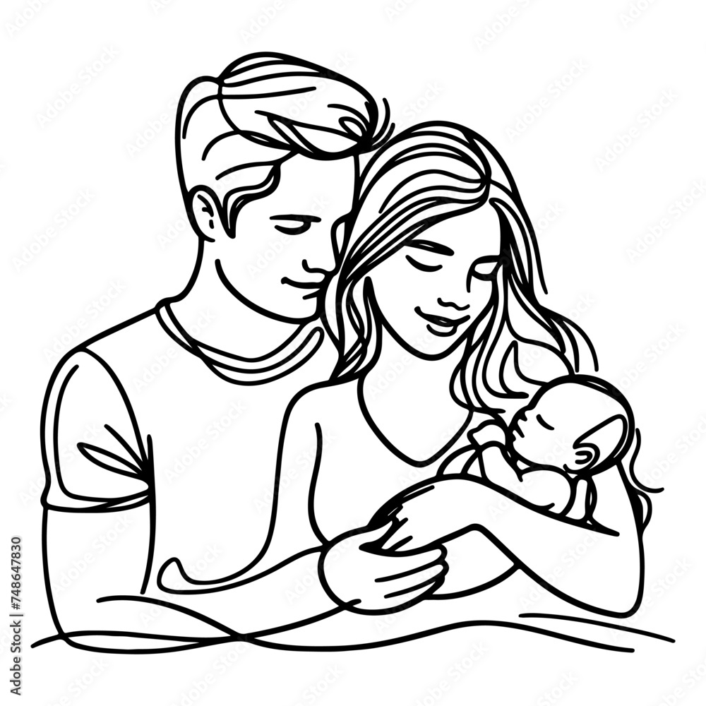 Continuous one black line art drawing parents with newborn baby doodles outline style vector illustration on white background Continuous one black line art drawing parents with newborn baby doodles outline style vector illustration on white background