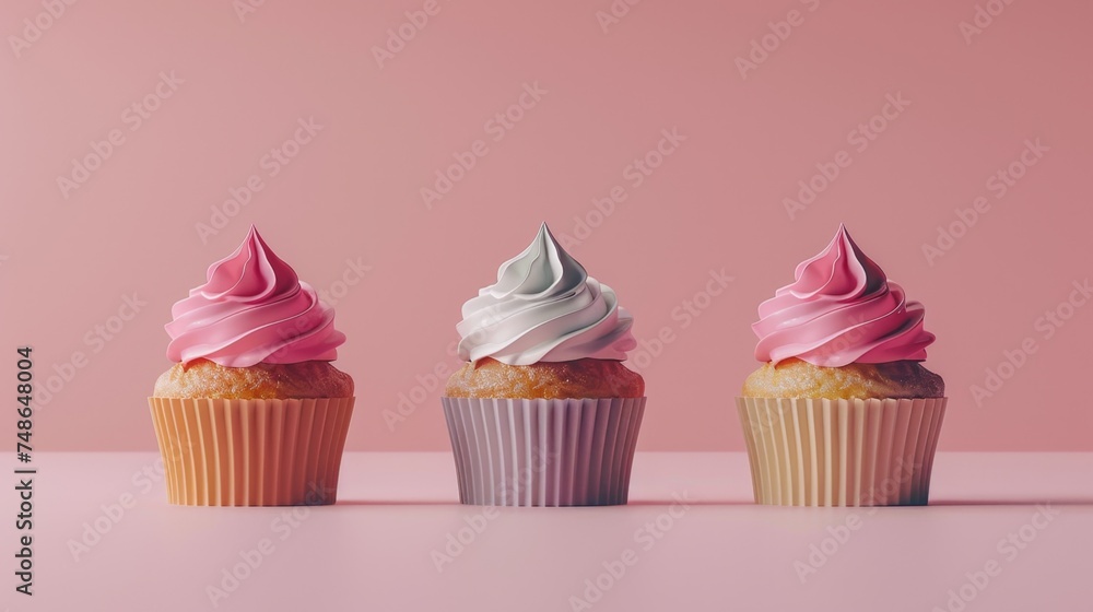 Three cupcakes with pink and white frosting, perfect for bakery and celebration themes
