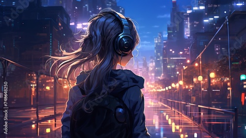 Anime girl with headphones enjoying music in a futuristic city, cyberpunk and steampunk style illustration