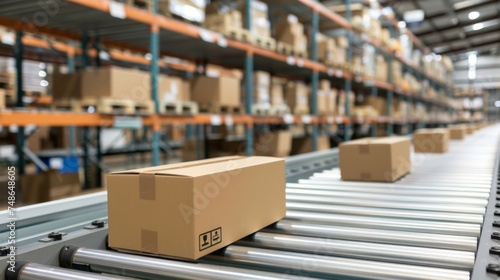 Cardboard boxes on conveyor belt in warehouse, representing logistics and distribution