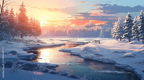 Cartoon winter wonderland  aesthetic and bright anime-style illustration of snowy landscape