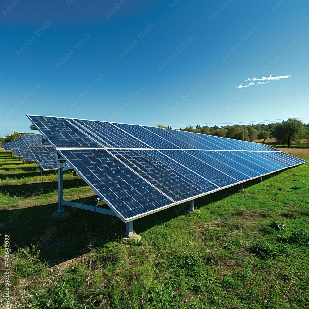 Solar panel sits on grassy field, harnessing sunlight for solar power