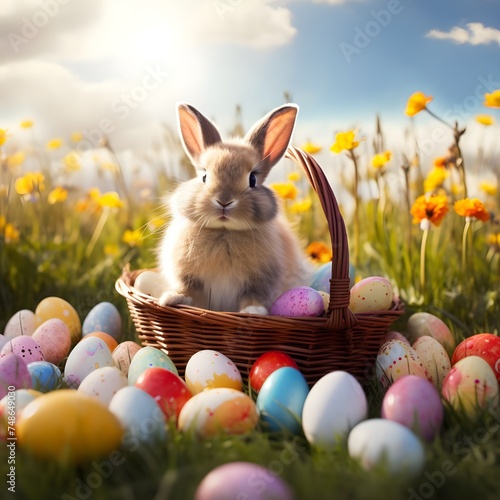 Coniglio domestico divertente che si trova nel cestino della paglia con le uova di Pasqua dipinte
 photo