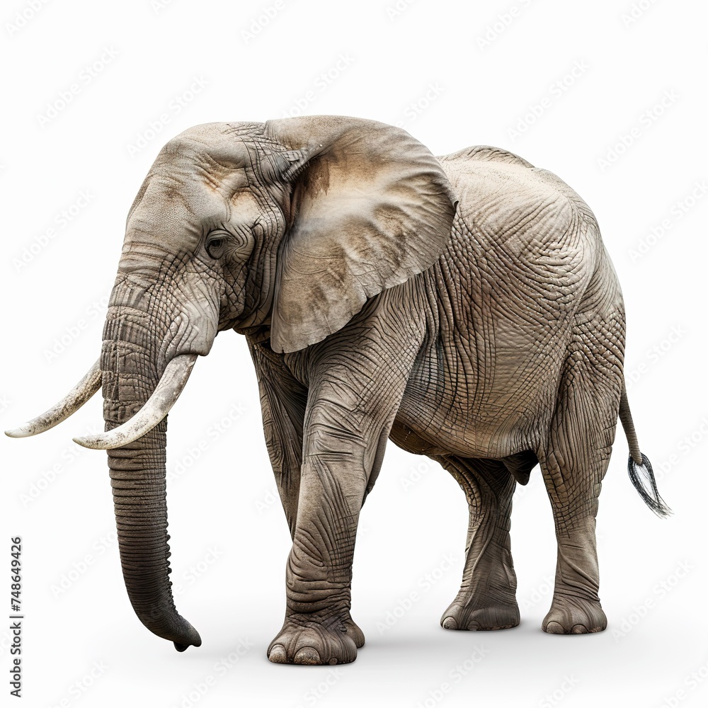 Fototapeta premium side-view_cute_young_indian_elephant_trunk_upwards_white_background_ai_generated