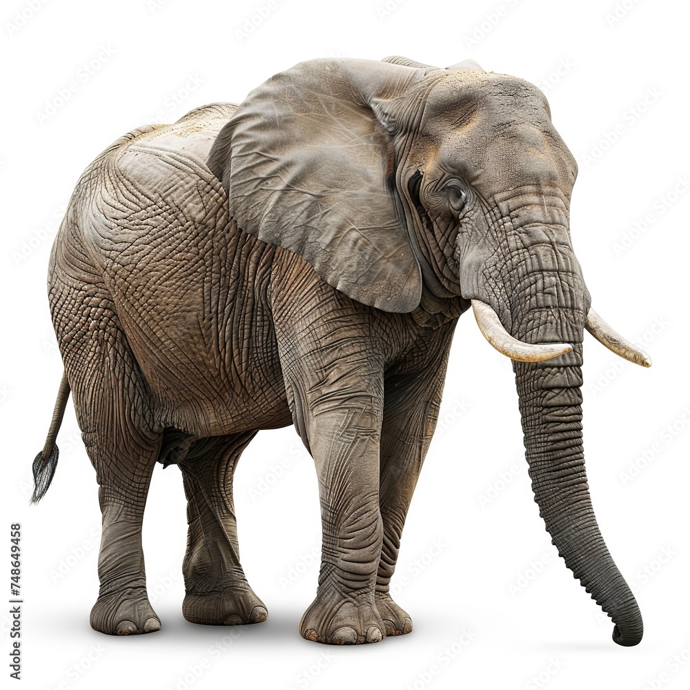 Fototapeta premium side-view_cute_young_indian_elephant_trunk_upwards_white_background_ai_generated