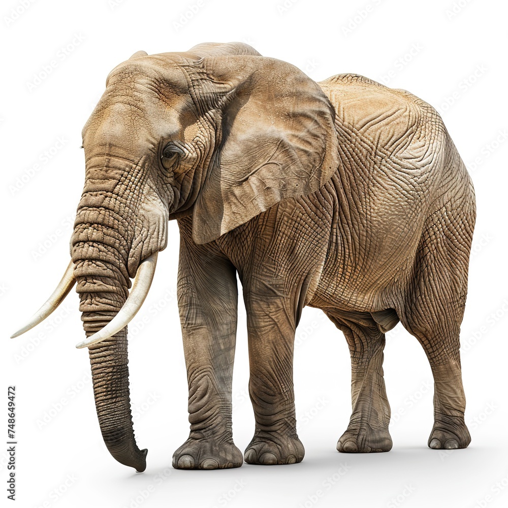 Fototapeta premium side-view_cute_young_indian_elephant_trunk_upwards_white_background_ai_generated