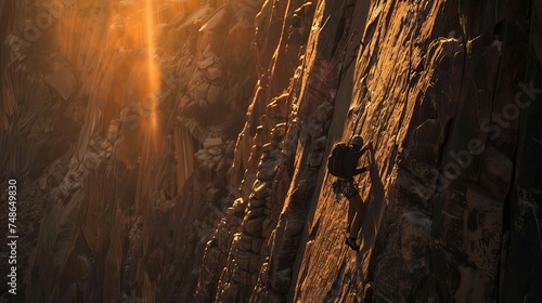 Man scaling the bedrock wall in the mountain landscape