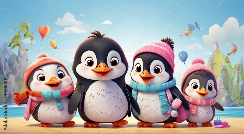 Fototapeta premium Cartoon penguin characters friends together for children, friendship and play time, happy joy, as a wide banner or poster for kindergarten, kindergarten and children's bedroom