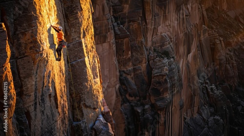 Man scaling the bedrock wall in the mountain landscape