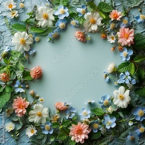 Wedding elegant flower frame on a light blue background. Generative AI