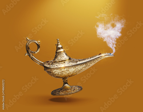 Cuadro en lienzo Golden magic lamp on gold background