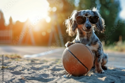 Grace. Adorable silver color Weinerman dog play in basketball on summer vacation with modern sunglasses. Concept of rest, sport, adventures photo