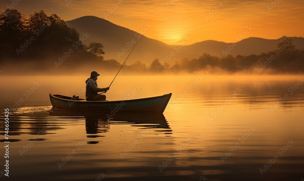 An elderly fisherman in a small wooden boat on a lake at amazing sunrise.