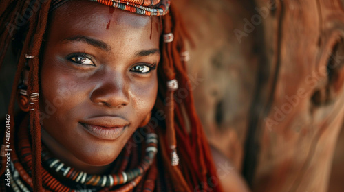Portrait of a Himba woman dressed in traditional style in Namibia, Africa