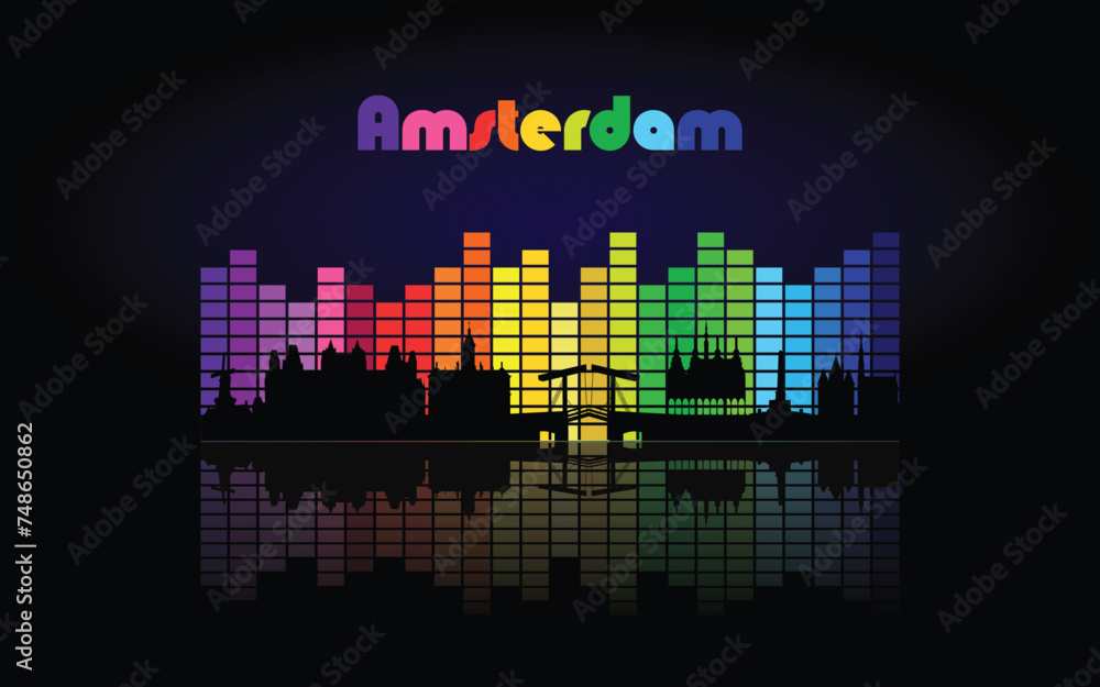 Black panorama of city of Amsterdam on multi colored music equalizer with  reflection of city and music equalizer with multi colored inscription of the name of the city on black background
