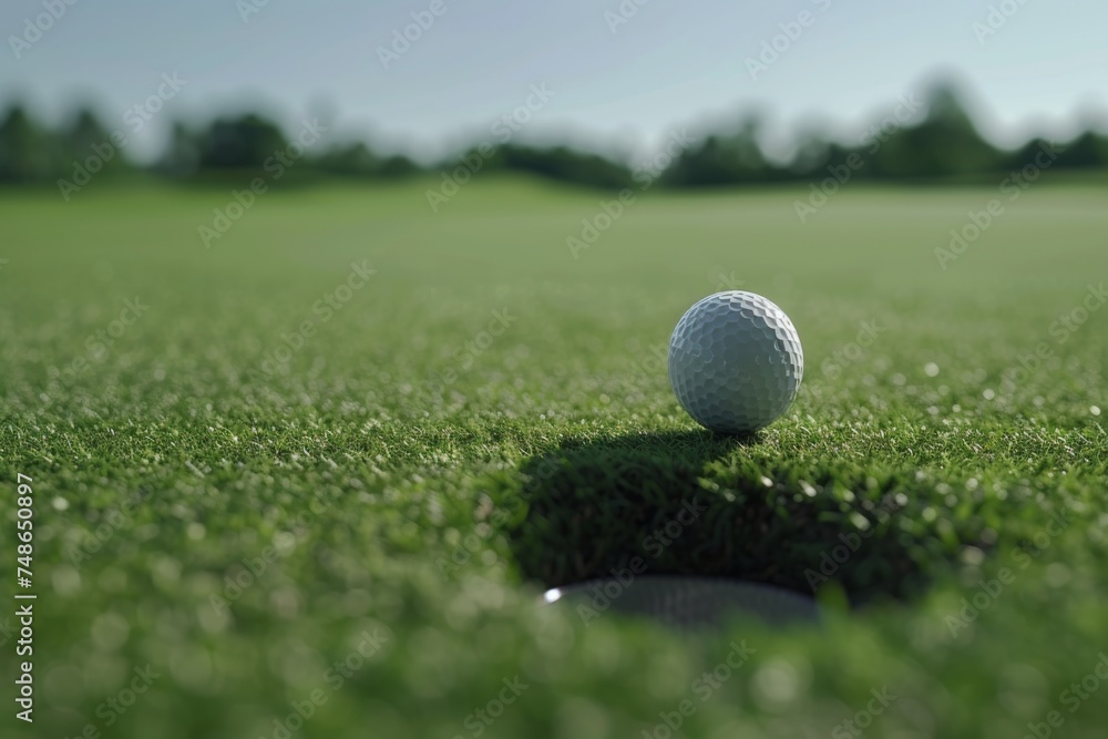 A golf ball rolling towards the hole on a perfectly maintained golf course. A golf ball rolling towards the hole on a perfectly maintained golf course.