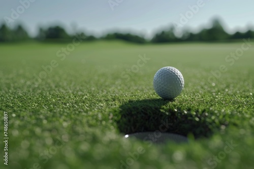 A golf ball rolling towards the hole on a perfectly maintained golf course. 