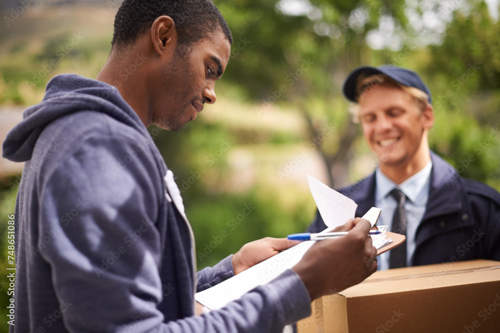 Courier, men and client signing for a delivery, clipboard and product with industry and box. People, service and employee with a customer and document with shipping and post with paperwork and stock Courier, men and client signing for a delivery, clipboard and product with industry and box. People, service and employee with a customer and document with shipping and post with paperwork and stock