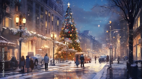 Aesthetic christmas night in the city  an anime-style illustration of bright lights and muted colors