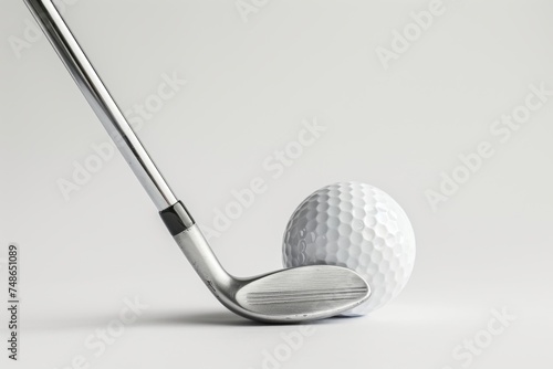 An image of a golf ball and club against a stark white background. 