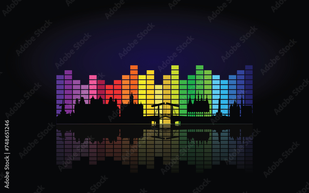 Black panorama of city of Amsterdam on multi colored music equalizer with  reflection of city and music equalizer on black background