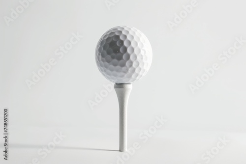 An image of a golf tee with a ball perfectly balanced on top, set against a pure white background. The simplicity of the composition belies the complexity and skill involved in the game. 