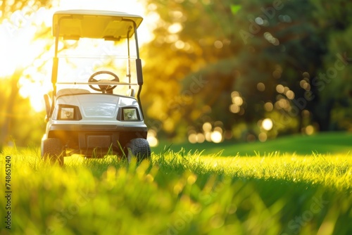 golf car , golf club. Green grass. Sun