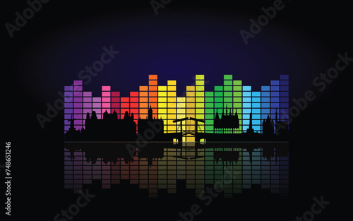 Black panorama of city of Amsterdam on multi colored music equalizer with  reflection of city and music equalizer on black background