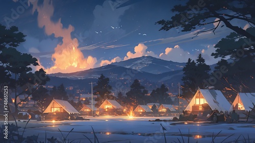 Snowy village with snowman and ice mountain on Christmas night. Aesthetic anime style concept art for book, game, or digital painting.