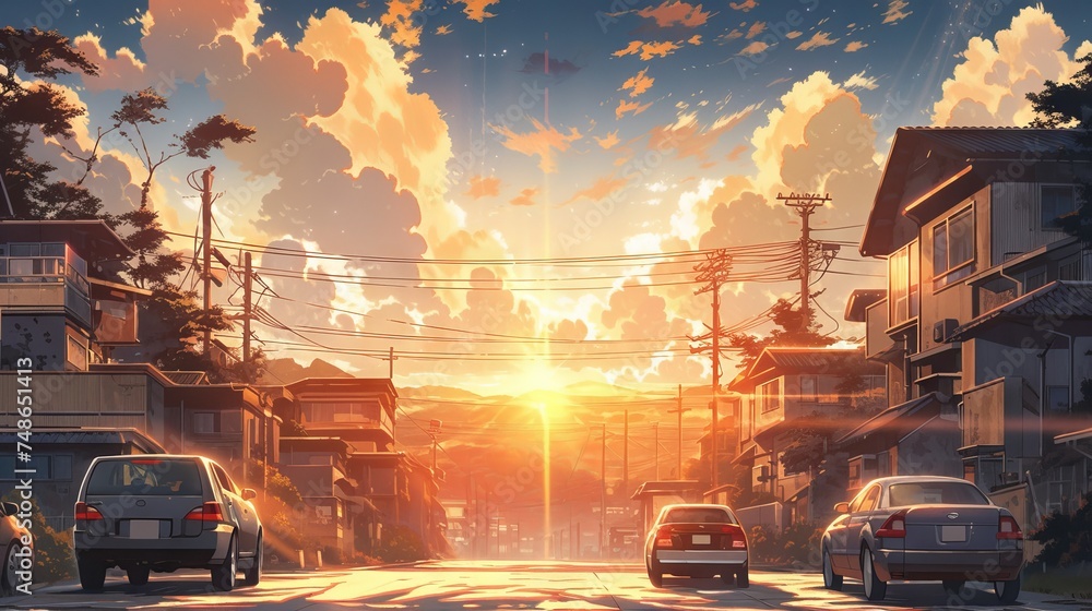 Abandoned towns in daylight with dramatic lens flares and anime style illustration