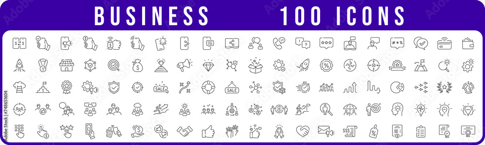 100 business line icon collection. Income, smartphone, wallet, payment, network, target, medal, sale etc. Editable stroke