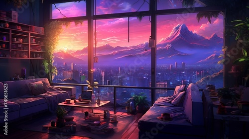 Anime manga style empty room with jungle view and hip-hop lights: a colorful and cozy lofi scene photo