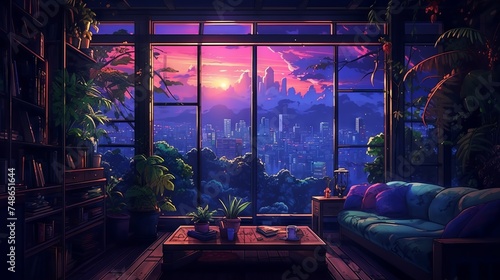 Anime manga style empty room with jungle view and hip-hop lights: a colorful and cozy lofi scene