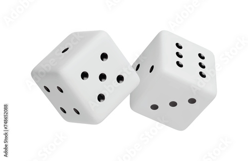 White dice with random numbers of black dots 3D rendered. Gambling objects to play craps and poker, casino, tabletop or board games realistic three dimensional vector illustration