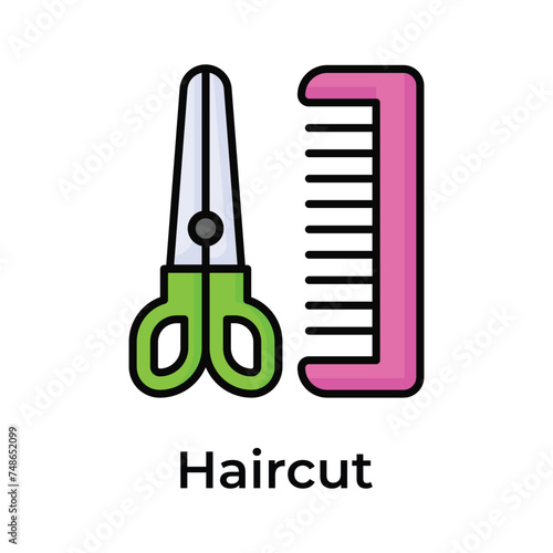 Scissors and hair comb showing concept icon of haircut in trendy style