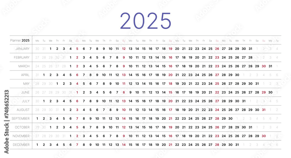 Calendar for 2025 year design template, week starts Monday. Schedule page journal, stationery calendar, organizer, 12 month vector illustration, minimalist style vector illustration Calendar for 2025 year design template, week starts Monday. Schedule page journal, stationery calendar, organizer, 12 month vector illustration, minimalist style vector illustration