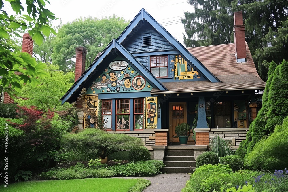 A Brussels comic strip mural decorates the facade of a craftsman-style home, blending Belgian artistic flair with the cozy essence of suburban design. A Brussels comic strip mural decorates the facade of a craftsman-style home, blending Belgian artistic flair with the cozy essence of suburban design.