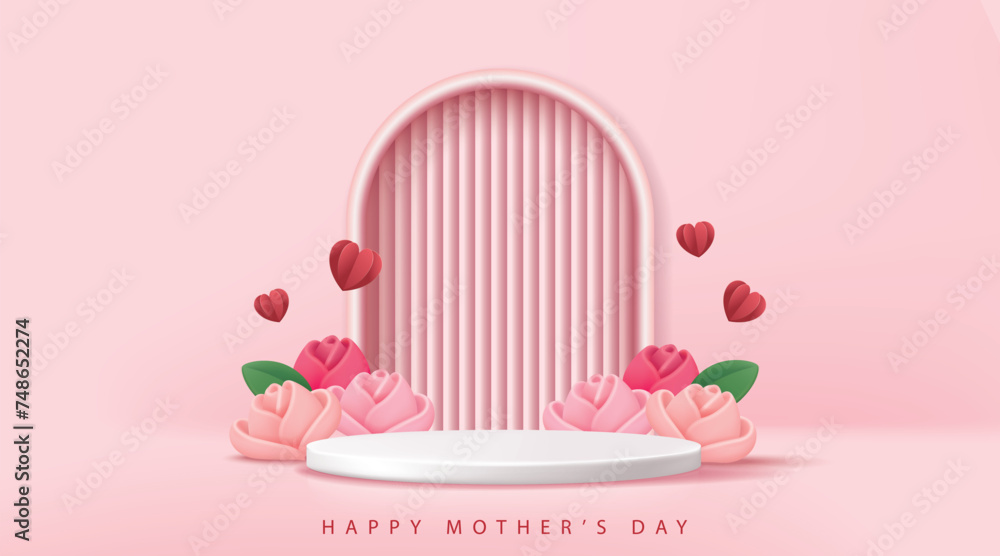 Mother's day banner for product demonstration. White pedestal or podium with flowers on pink background.