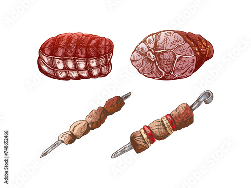 Set of hand-drawn colored sketches of meat pieces, ham, pork, dried meat, kebabs. Fresh meat products. For design of menu, butcher shop.