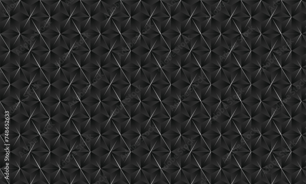 Obraz premium 3D realistic white lines and dark black gradient pattern. Modern cube texture. seamless pattern Background. Repeating tiles. Triangular volumetric elements of different random size. 3D illustration.