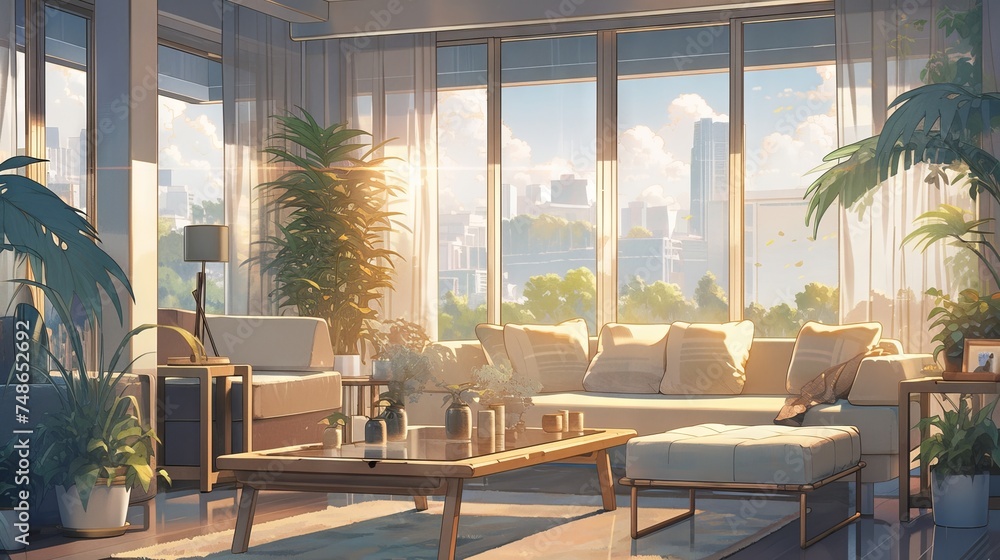 Fototapeta premium Luxurious and cozy living room with a modern and anime-inspired style